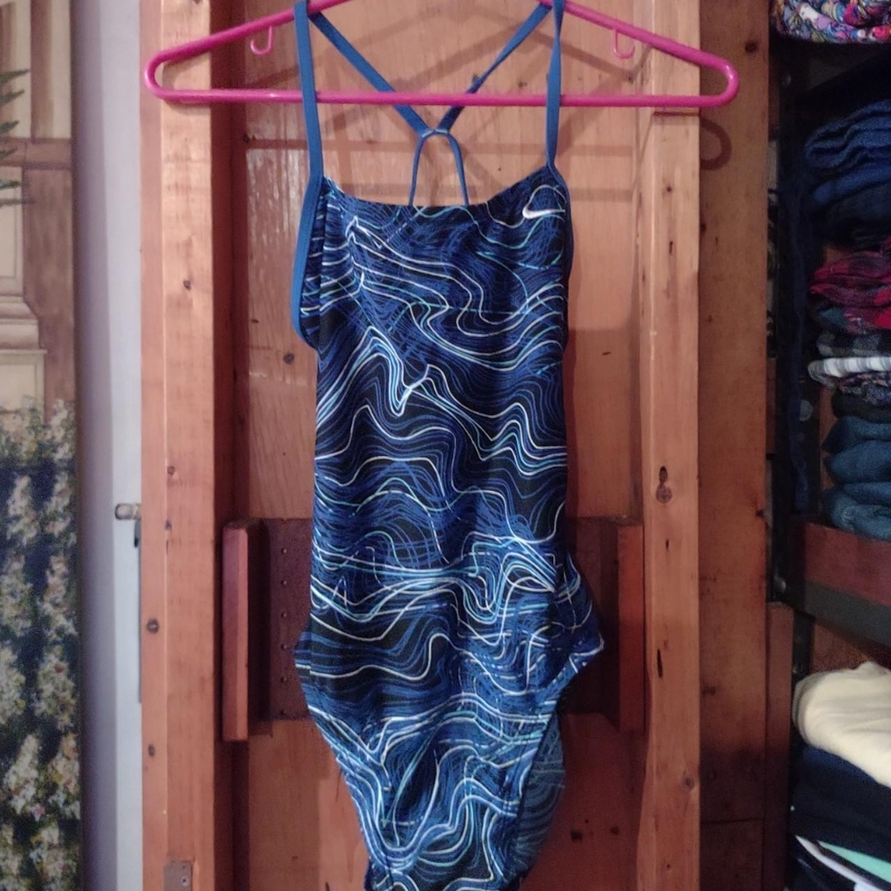 One-piece nike Swimsuit retro-like open cross back ocean sound waves all over